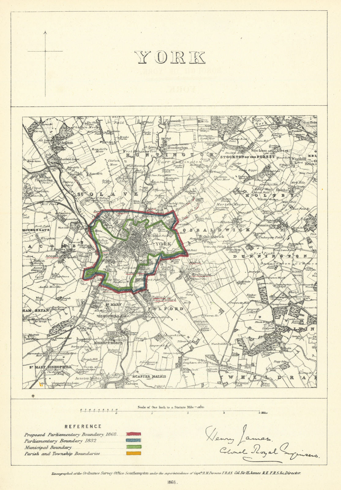 York, Yorkshire. JAMES. Parliamentary Boundary Commission 1868 old antique map